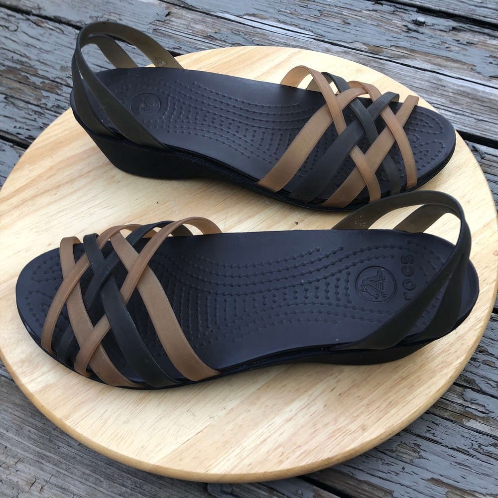Crocs Isabella Huarache Strappy Mini Wedge Womens Size 9 Sandals Espresso Bronze